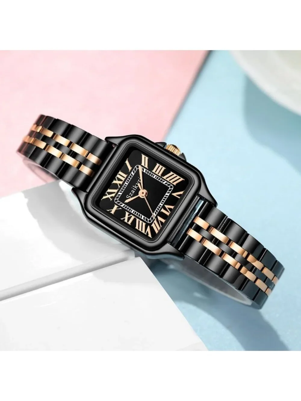 Women's Rose/ Gold/Black Square Dial Dainty Vintage Stainless Steel Band Watches